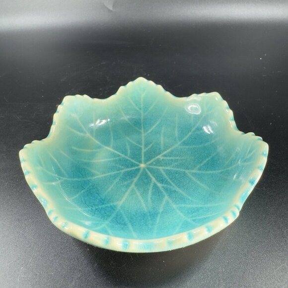 Vintage Japanese Ceramic Leaf Dish Plate Turquoise Crackle Glaze Spoon Rest VTG - Picture 11 of 12